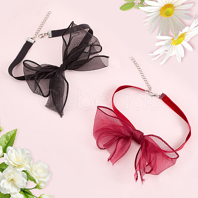 2Pcs 2 Colors Gauze Bowknot Fabric Choker Necklaces for Women AJEW-CP0011-95-1