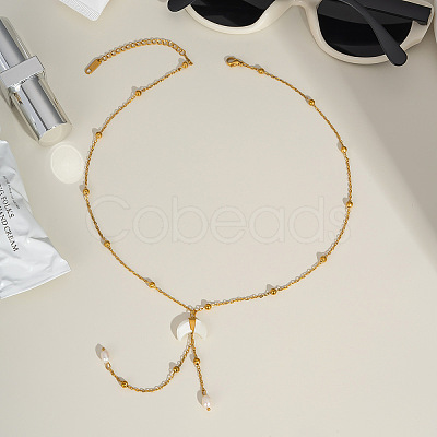 Nutural White Shell Moon Pendant 304 Stainless Steel Chain Necklaces with Natural Freshwater Pearl Tassel GK3371-1