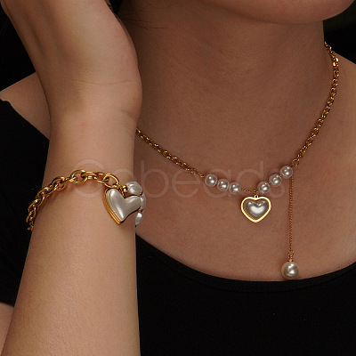 Heart 304 Stainless Steel & Plastic Imitation Pearl Pendant Necklaces & Charm Bracelets Sets FS-WGD716F-03-1