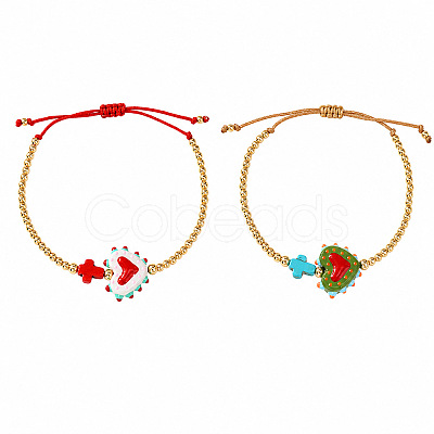 2Pcs 2 Colors Dyed Synthetic Turquoise Cross and Glass Heart Braided Bead Bracelets for Women PE0777-20-1