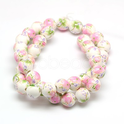 Handmade Flower Printed Porcelain Ceramic Beads Strands PORC-M007-10mm-07-1