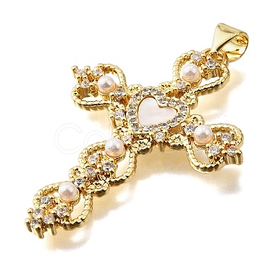 Brass Micro Pave Cubic Zirconia ABS Imitation Pearl Pendants KK-D328-03G-D-1
