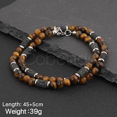 Natural Tiger Eye Round and Lava Rock Column Beaded Necklaces for Men LS-AD4538-2-1