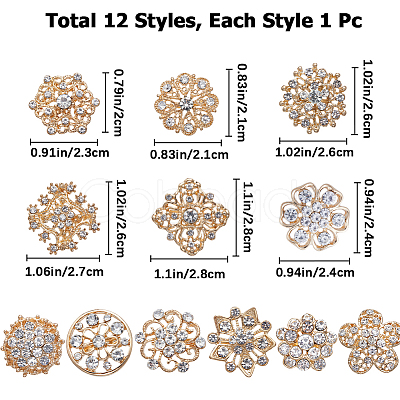 12Pcs 12 Style Crystal Rhinestone Flower Brooch Pins JEWB-GF0001-36A-1