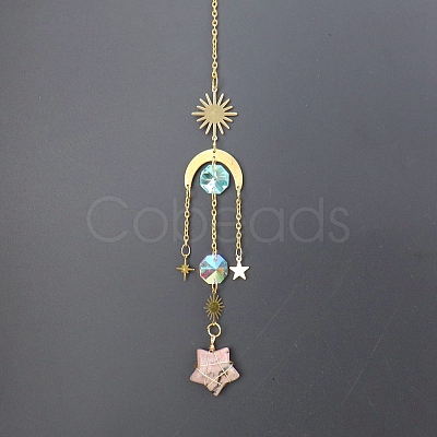 Natural Rhodonite Star Sun Catcher Hanging Ornaments with Brass Sun HJEW-PW0002-13H-1