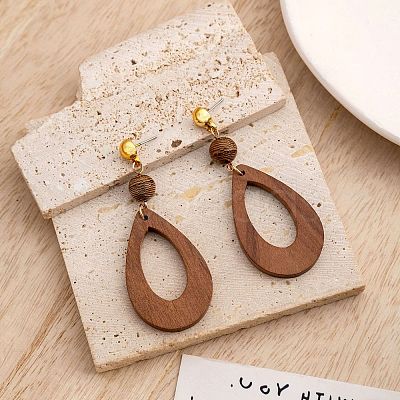 Wood & Brass Dangle Stud Earrings WGD57B9-04-1