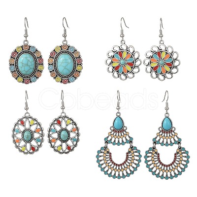 Bohemian Alloy Enamel & Synthetic Turquoise Dangle Earrings for Women EJEW-JE07341-1