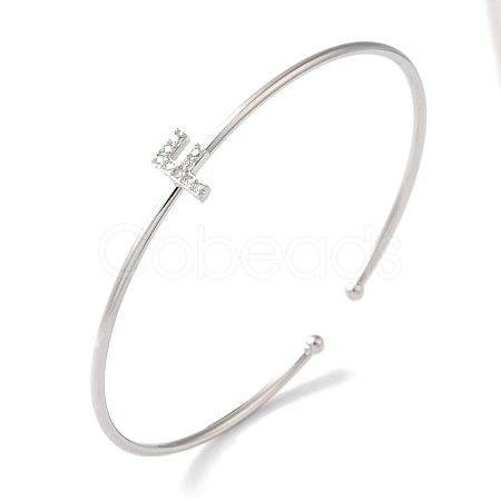 Rack Plating Brass Micro Pave Clear Cubic Zirconia Letter Open Cuff Bangles BJEW-A018-01P-F-1