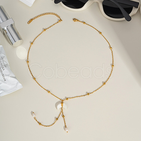 Nutural White Shell Moon Pendant 304 Stainless Steel Chain Necklaces with Natural Freshwater Pearl Tassel GK3371-1