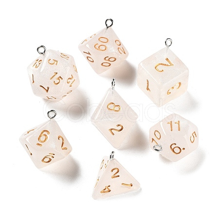 7 Styles Transparent Resin Polyhedral Dice Pendants Set RESI-A029-01F-1
