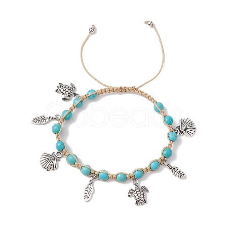Feather & Turtle & Shell Shape Alloy Charm Bracelet BJEW-TA00389-02-1