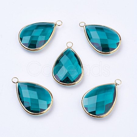 Golden Tone Brass Glass Teardrop Pendants X-GLAA-M006-A-03G-1