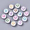 Opaque White Acrylic Beads, Flat Round with Mixed Color Letter, Letter.U, 7x3.5mm, Hole: 1.2mm, about 4000pcs/500g