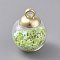 Glass Ball Pendants, with Star Glitter Sequins and Golden Plated CCB Plastic Cup Peg Bails, Round, Yellow Green, 20.5x15mm, Hole: 2.5mm