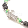 Natural & Synthetic Mixed Gemstone Beaded Stretch Bracelet with Clear Cubic Zirconia Cross for Women BJEW-JB08247-02-4