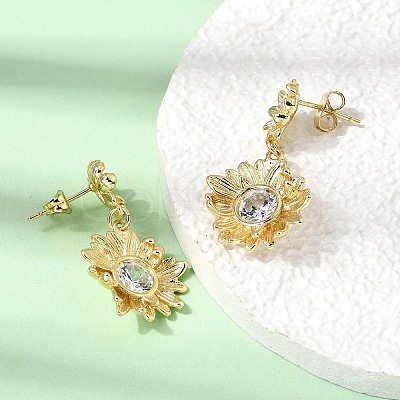 Brass Clear Cubic Zirconia Stud Dangle Stud Earrings EJEW-G473-07G-1