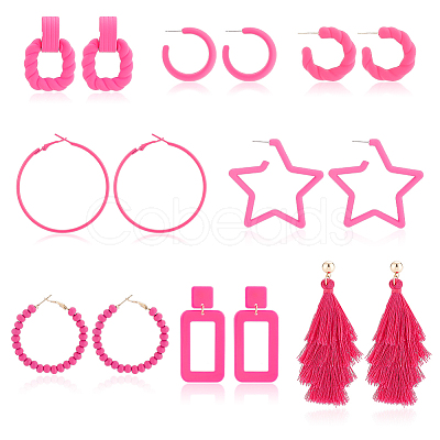 ANATTASOUL 8 Pairs 8 Style Acrylic Hollow Out Rectangle & Tassel Dangle Stud Earrings EJEW-AN0001-93-1