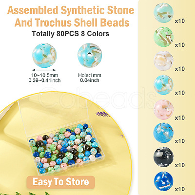 80Pcs 8 Colors Assembled Synthetic Stone and Trochus Shell Beads G-TA0002-31A-1