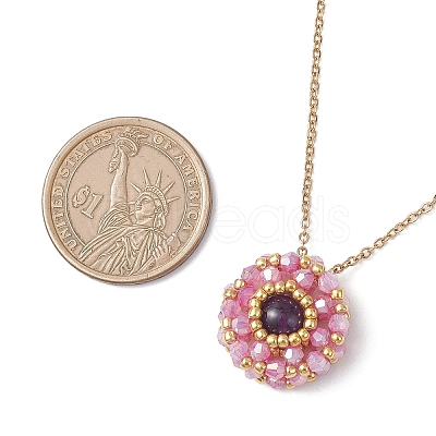 Natural Amethyst & Glass Seed Beaded Flat Round Pendant 304 Stainless Steel Cable Chain Necklaces NJEW-MZ00129-03-1
