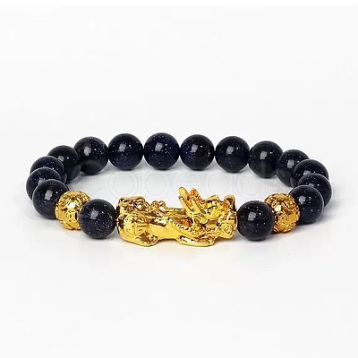 Golden Plated Alloy Pi Xiu 8MM Synthetic Blue Goldstone Round Beaded Stretch Bracelet for Men QJ0349-9-1