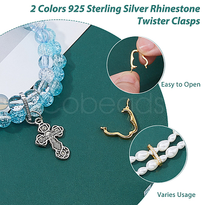 2Pcs 2 Colors 925 Sterling Silver Rhinestone Twister Clasps STER-HS0001-09-1