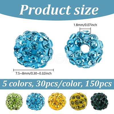 150Pcs 5 Colors Rhinestone Pave Disco Ball Beads RB-UN0001-16-1
