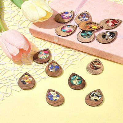 14Pcs 7 Colors Walnut Wood Resin Pendants WOOD-FS0001-31-1