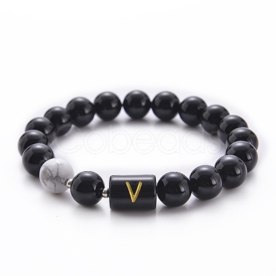 10MM Natural Black Onyx(Dyed & Heated) and Howlite Beaded Stretch Bracelets RH2290-22-1