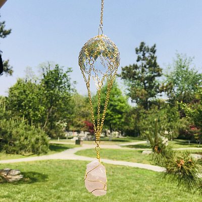 Hot Air Balloon K9 Ball Pendant Decoration with Natural Rose Quartz Wind Chime PW-WG30079-01-1
