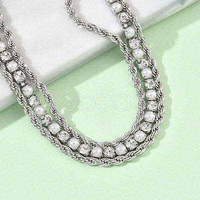 304 Stainless Steel & Rhinestone Rope Chain Double Layer Bracelets for Women BJEW-F540-07P-1