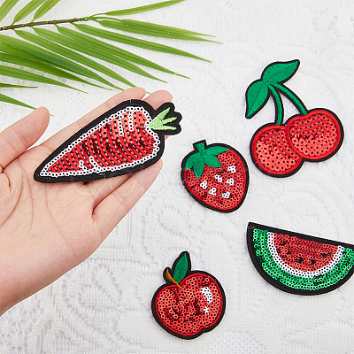 30Pcs 5 Styles Fruit Theme Felt Fabric with Glitter Sequins Iron on/Sew On Patches PATC-FH0001-14-1