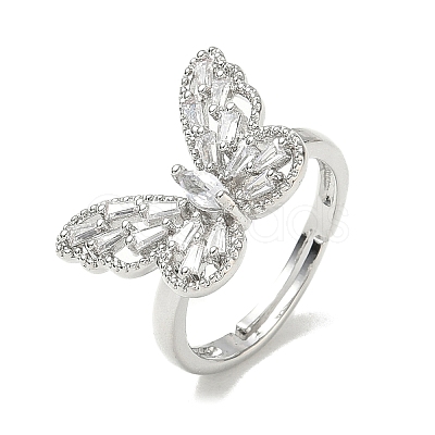 Adjustable Brass Butterfly Finger Rings with Clear Cubic Zirconia CU-CBA7E55-18P-01-1