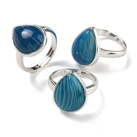 Natural Banded Agate Teardrop Adjustable Rings RJEW-K371-08S-10-1