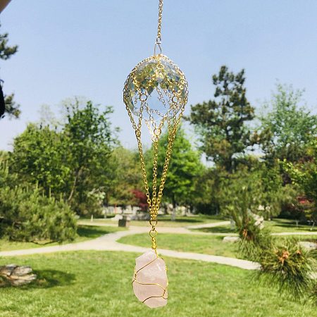 Hot Air Balloon K9 Ball Pendant Decoration with Natural Rose Quartz Wind Chime PW-WG30079-01-1