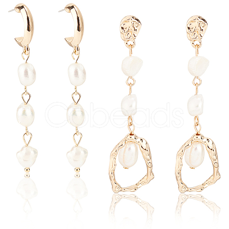 2 Pairs 2 Style Natural Pearl Beaded Dangle Stud Earrings EJEW-AN0002-66-1