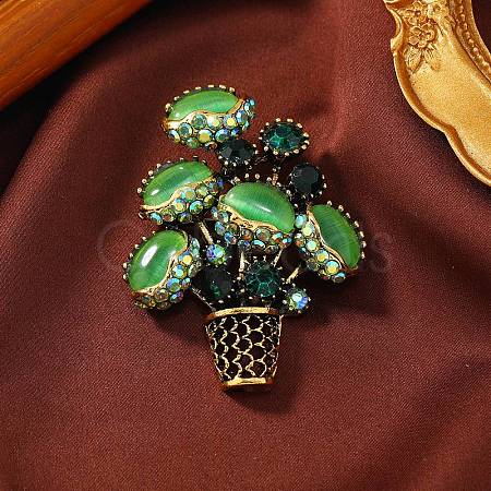 Plant Alloy Rhinestone Lapel Pins for Backpack Clothes JEWB-C052-03AG-01-1
