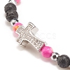 Natural & Synthetic Mixed Gemstone Beaded Stretch Bracelet with Clear Cubic Zirconia Cross for Women BJEW-JB08247-04-4