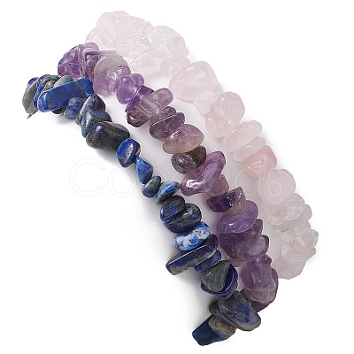 3Pcs 3 Styles Natural Rose Quartz & Amethyst & Lapis Lazuli Chips Stretch Bracelets Sets BJEW-JB11076-09-1