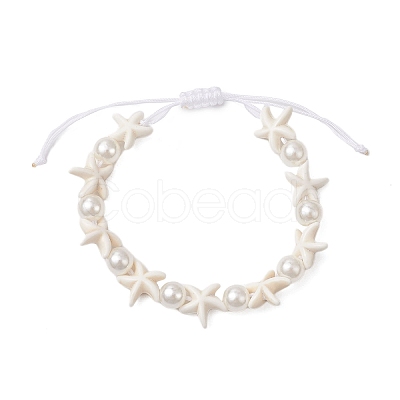 Starfish Synthetic Turquoise & Acrylic Pearl Braided Bead Bracelets for Women BJEW-JB11263-02-1