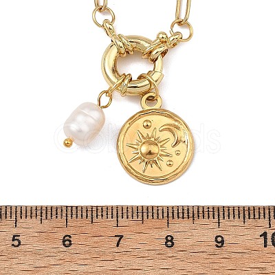 201 Stainless Steel Disc with Sun and Moon Pendant 304 Stainless Steel Paperclip Chain Necklaces with Natural Pearl Beads for Women NJEW-JN06328-1