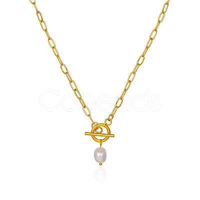 Minimalist Imitation Pearl Rice Pendant Stainless Steel PaPerclip Chain Necklaces for Everyday Women's Wear LS-OX8079-2-1