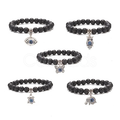 Natural Lava Rock Round Beaded Stretch Bracelet BJEW-JB08221-1