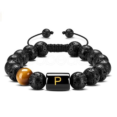 Natural Tiger Eye & Lava Rock Round Beads Adjustable Bracelets TV6214-16-1