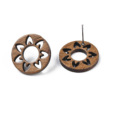 Donut with Flower Walnut Wood Stud Earrings with 316 Stainless Steel Pin for Women LS-X-EJEW-N017-007-1