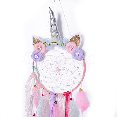 Handmade Unicorn Woven Net/Web with Feather Wall Hanging Decoration LS-HJEW-A001-01A-1