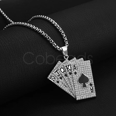 Alloy Full Crystal Rhinestone Playing Cards Pendant Necklaces NJEW-R001-01P-02-1