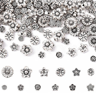 120Pcs 12 Styles Tibetan Style Alloy 3D Flower Beads FIND-YW0009-60-1