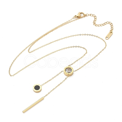 304 Stainless Steel Crystal Rhinestone Flat Round Pendant Y Necklaces NJEW-V001-03G-1