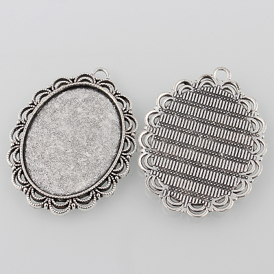 Tibetan Style Antique Silver Alloy Flat Oval Pendant Cabochon Settings LS-TIBEP-M022-58AS-1