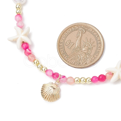 Dyed Natural Agate Faceted Round and Natural Cultured Freshwater Pearl & Starfish Synthetic Turquoise Beaded Brass Shell Shape Pendant Necklaces for Women NJEW-JN05496-01-1